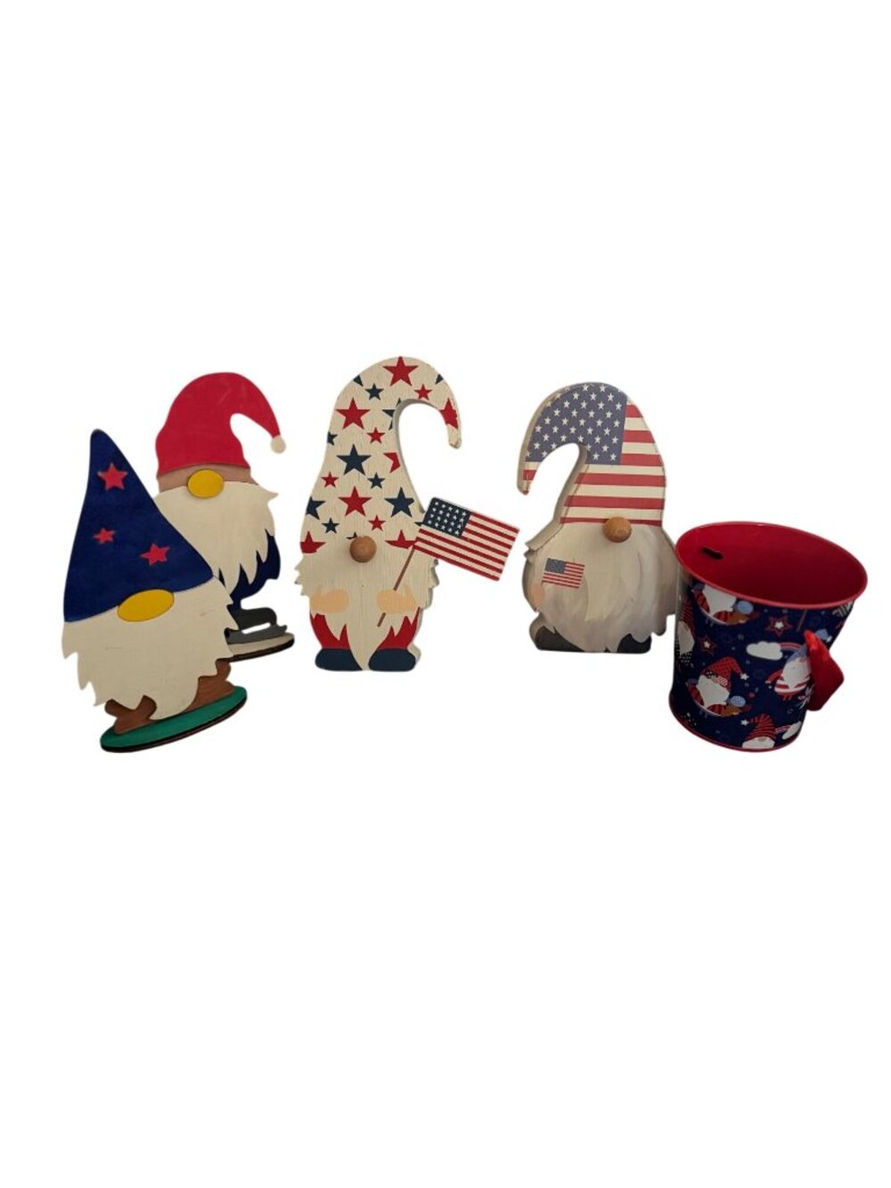 4th of July Patriotic Wooden Gnome Decorations & Metal Bucket Set Red White & Bl